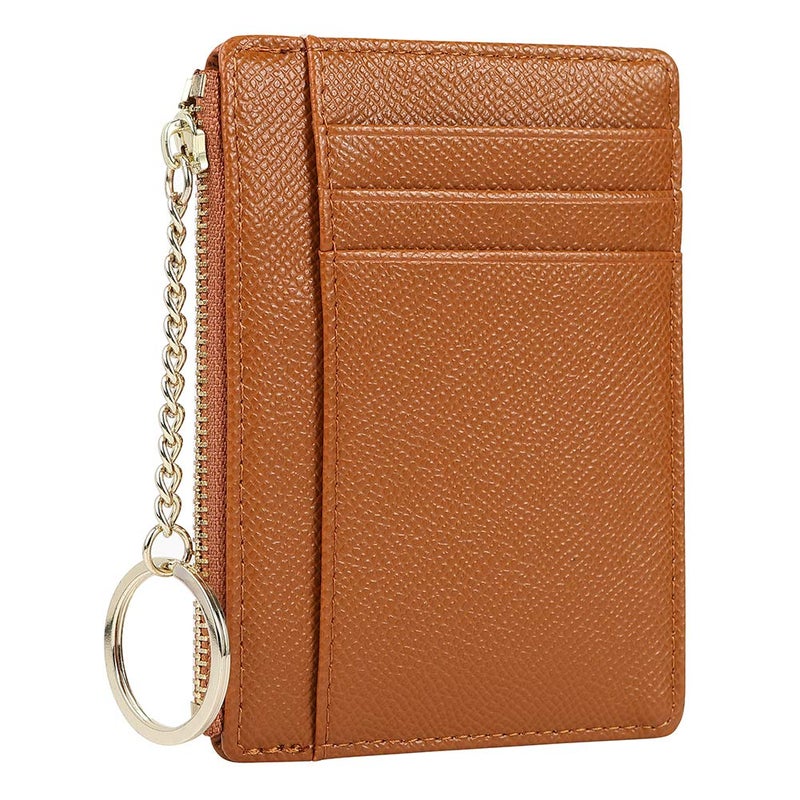 Cynure Women's 8 Cards Slim Minimalist Card Holder Coin Changes Purse Keychain Front Pocket Wallet, brown - Image 3